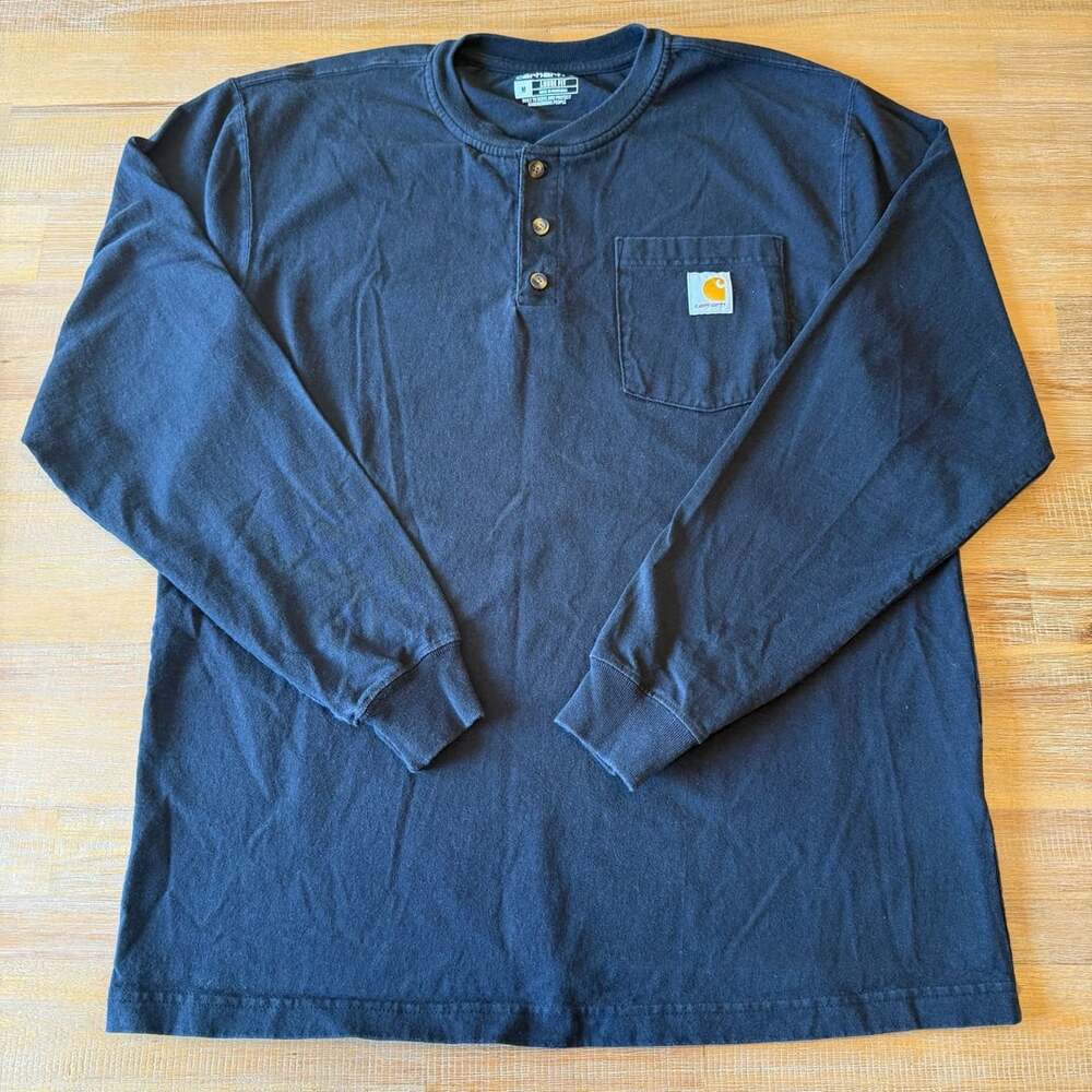 Carhartt K128 Henley Shirt M Black Long Sleeve Heavyweight Pocket Tee Loose Fit